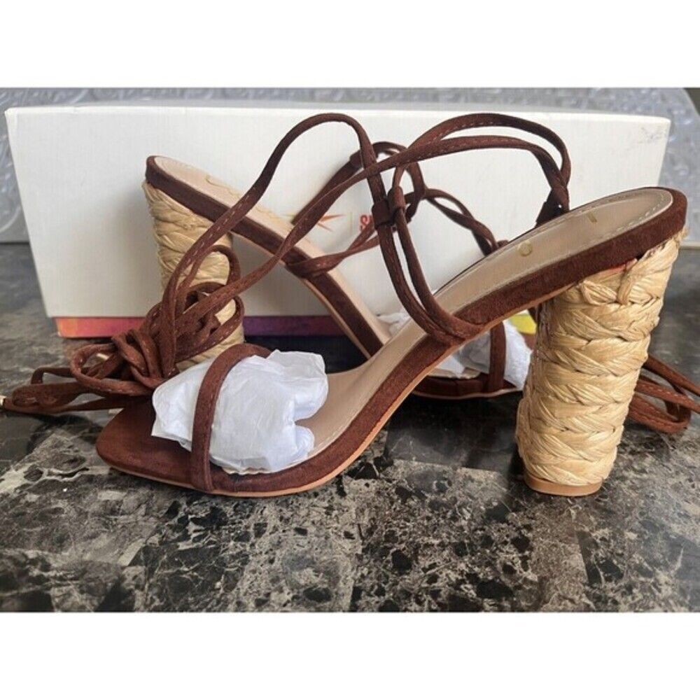 Lulus Women's Lace-Up Brown Wedge Block Heels‎ Brown Size 8